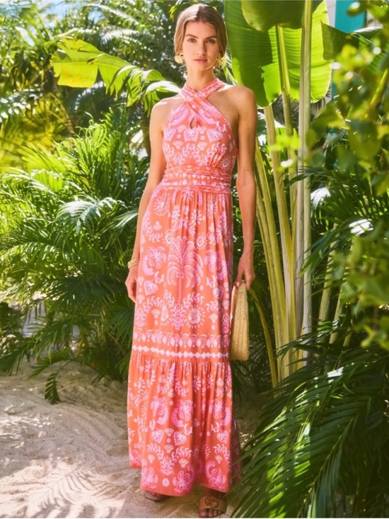 Lilly Pulitzer Dresses & Skirts - Lilly Pulitzer Montecito Halter Maxi Dress Papaya Breezy Palm Engineered Print